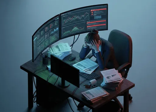 Analista sobrecarregado por monitores com dashboards complexos